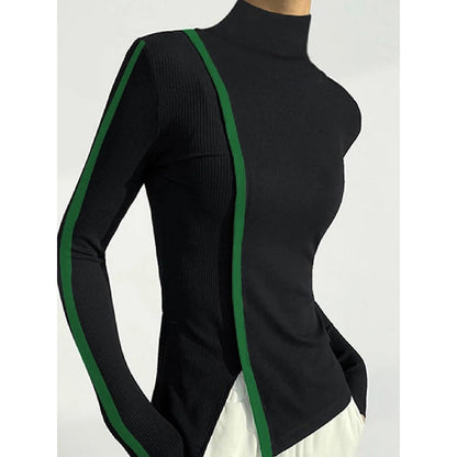 Long Sleeves Skinny Contrast Color Split-side High-neck T-Shirts Tops