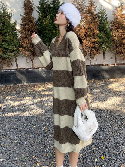 Stylish Loose Striped V-Neck Sweater Dresses