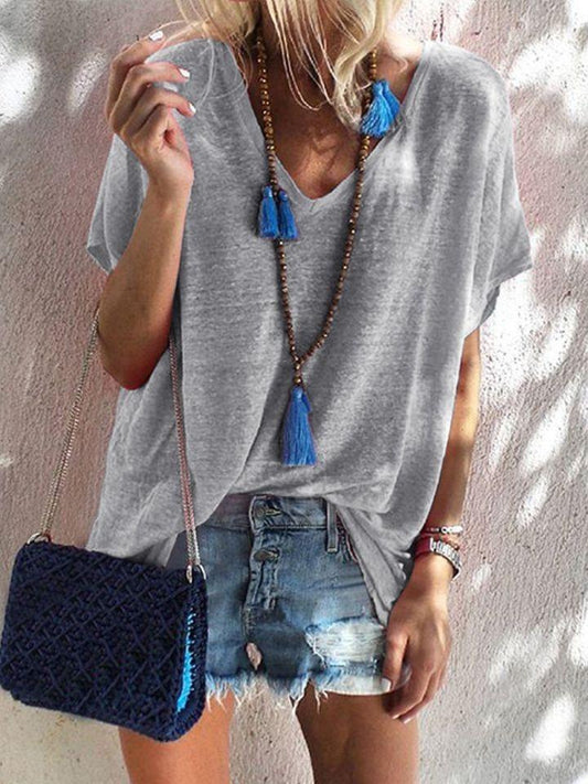 Summer Candy-Colored Large Size Loose V Neck Short-Sleeved T-Shirt Female
