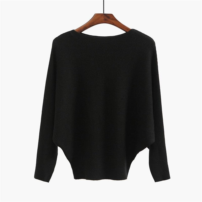 Solid Color One-Word Collar Bat Sleeve Knit Sweater