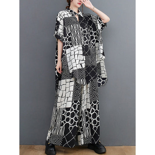 Original Loose Contrast Color Plaid Polka-Dot Blouse&Wide Legs Pants Two Pieces Set