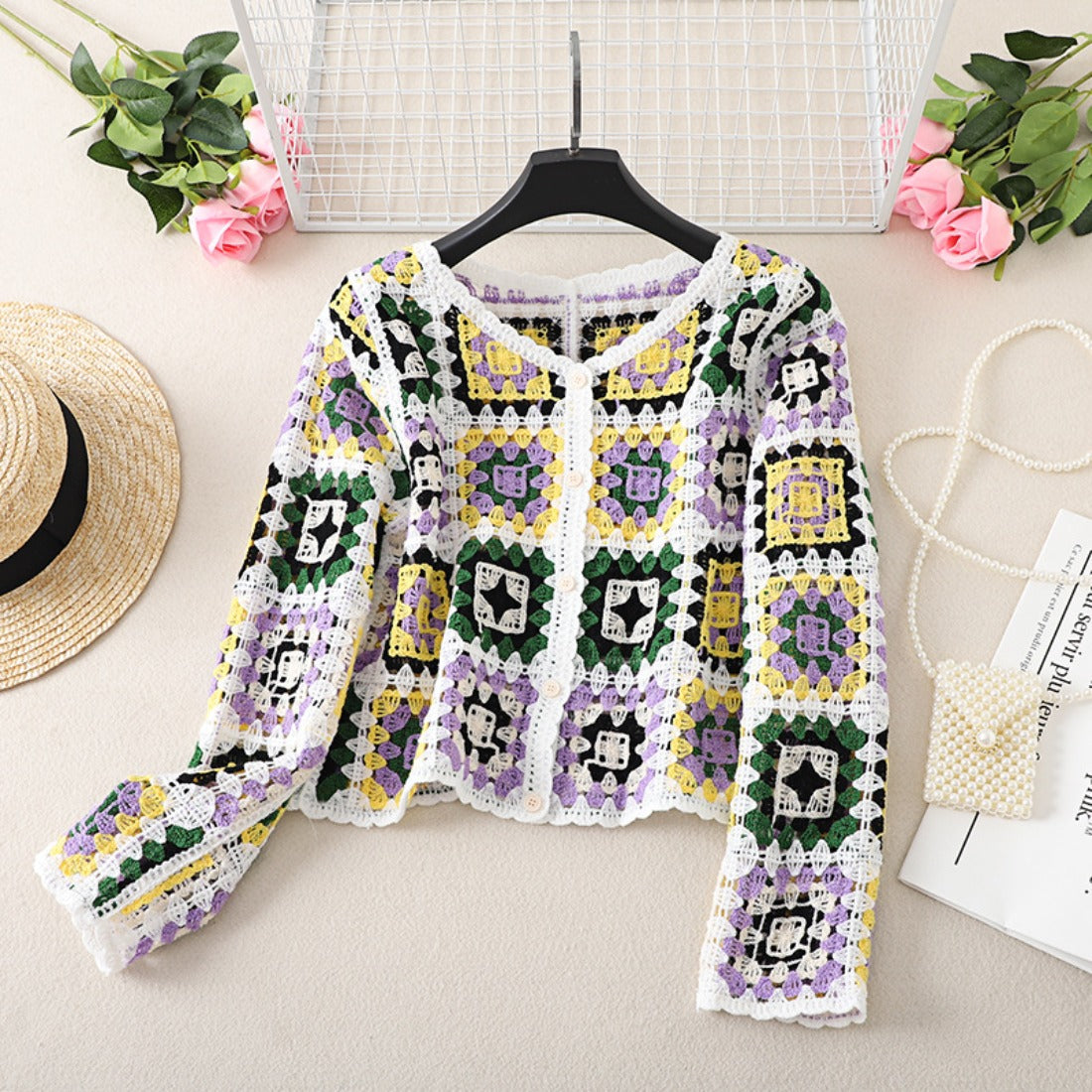 Crosa - Vintage V-Neck Hollow Knit Sweater