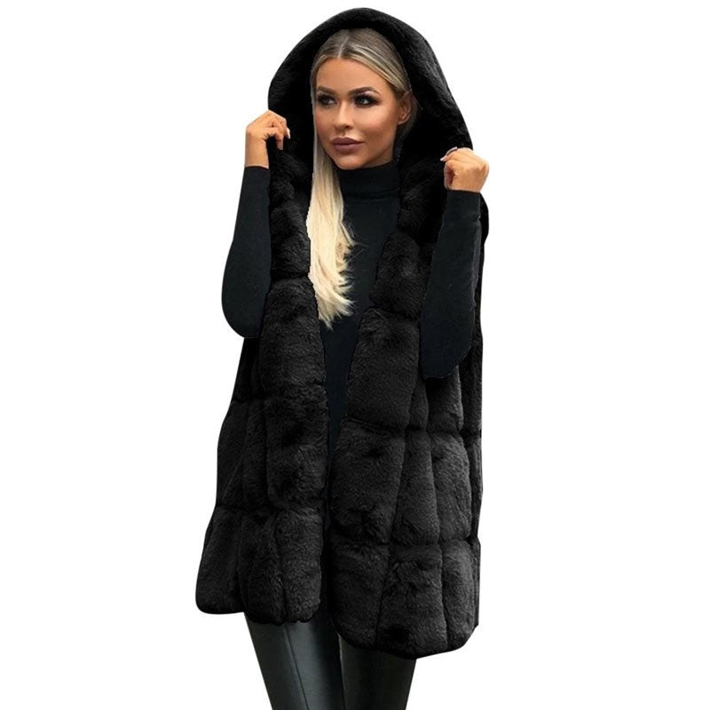 Faux Fur Hooded Vest Loose Paneled Sleeveless Outerwear