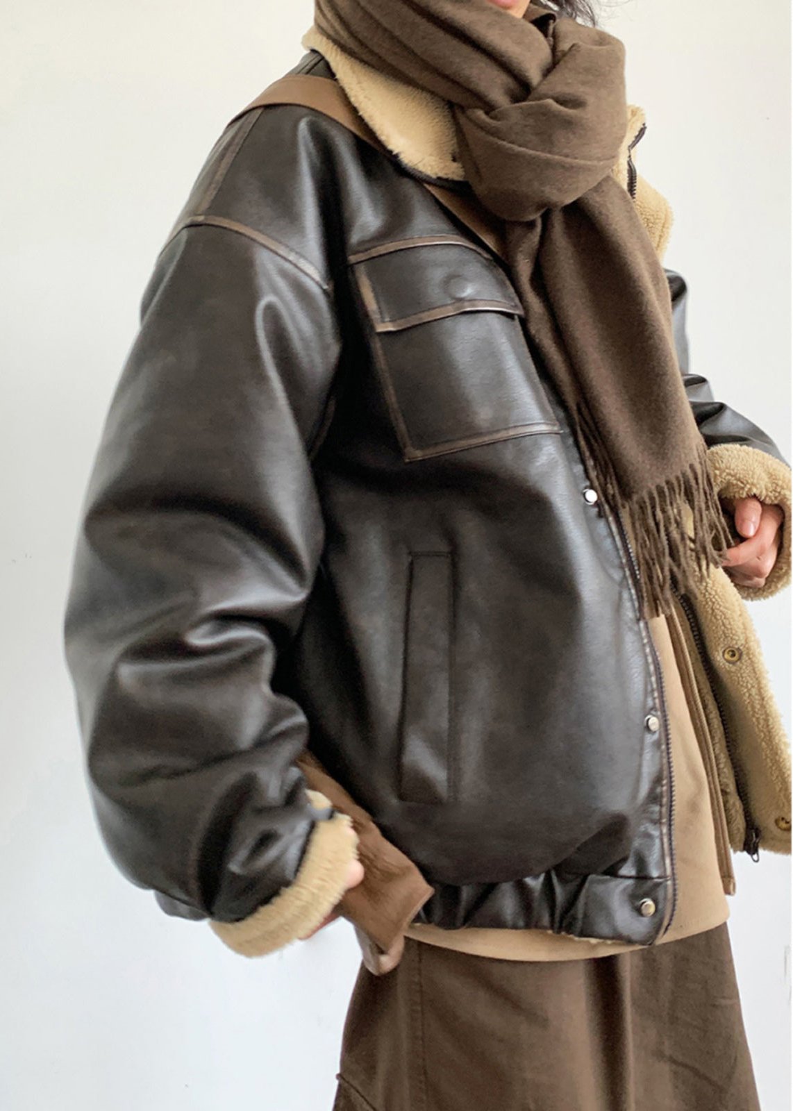 Leather Jacket With Lamb Fur Lining And Oversized Fit