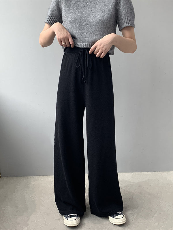 Loose Wide Leg Drawstring Solid Color Knitting Casual Pants Bottoms