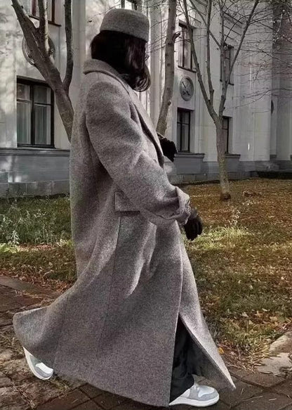 Long Wool Coat Buttoned Gray Tailored Fit