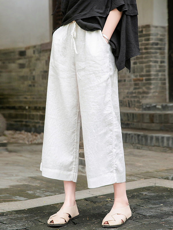 Simple Linen Column Elasticity Waist Bandage Pants