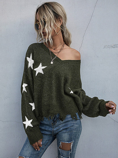 Casual Loose Patchwork V-Neck Sweater Top