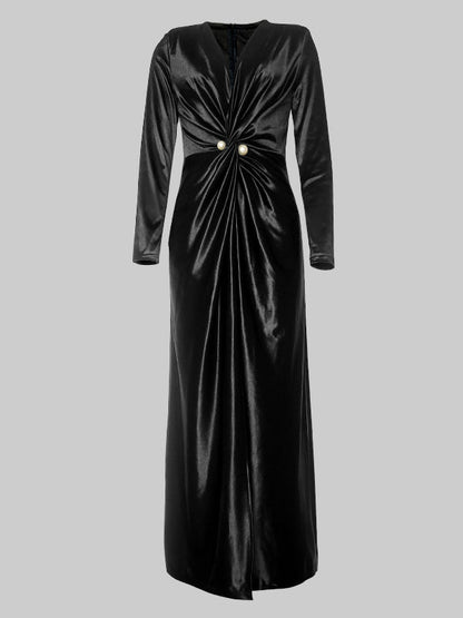 Bodycon Long Sleeves Pleated Solid Color Split-Front Tied Waist Deep V-Neck Maxi Dresses