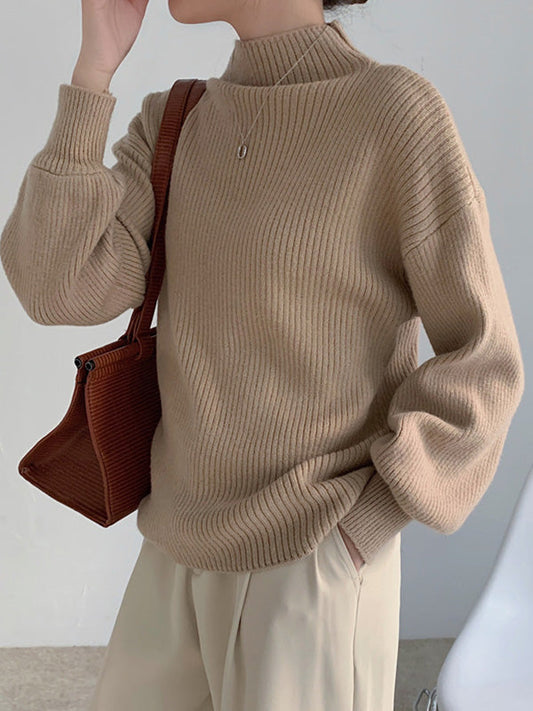 Vintage Knitting Long Sleeves Solid Color Sweater