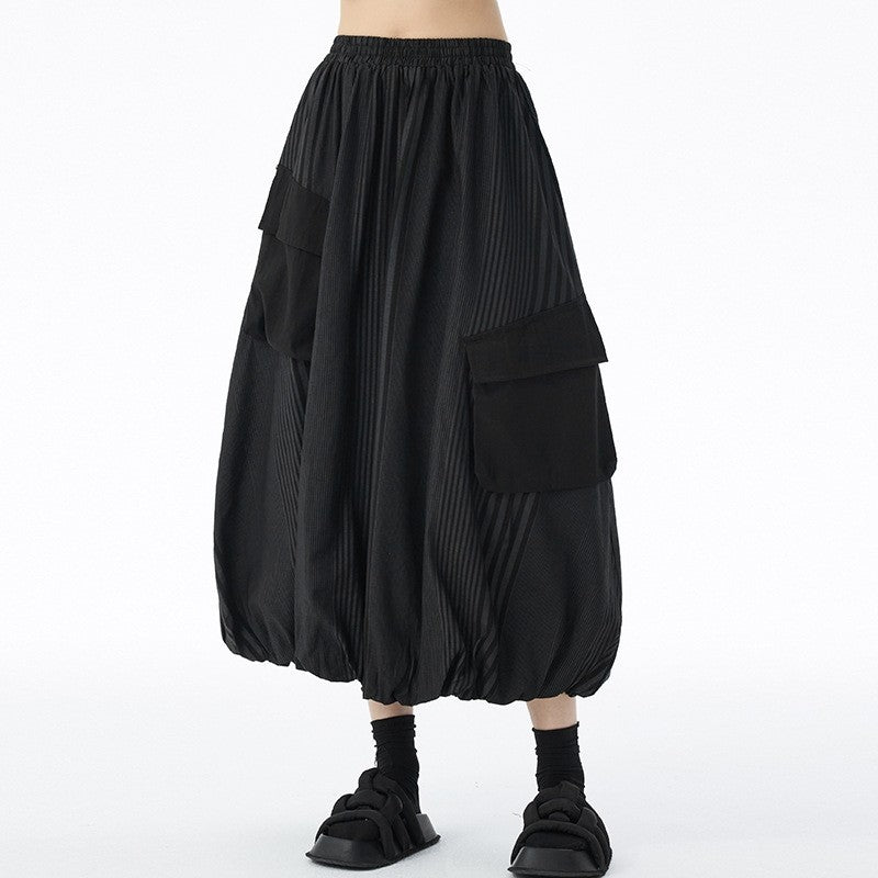 Paneled Pocket Striped Midi Skirt