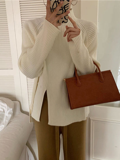 Urban Long Sleeves Split-Side Solid Color High-Neck Sweater Tops Pullovers