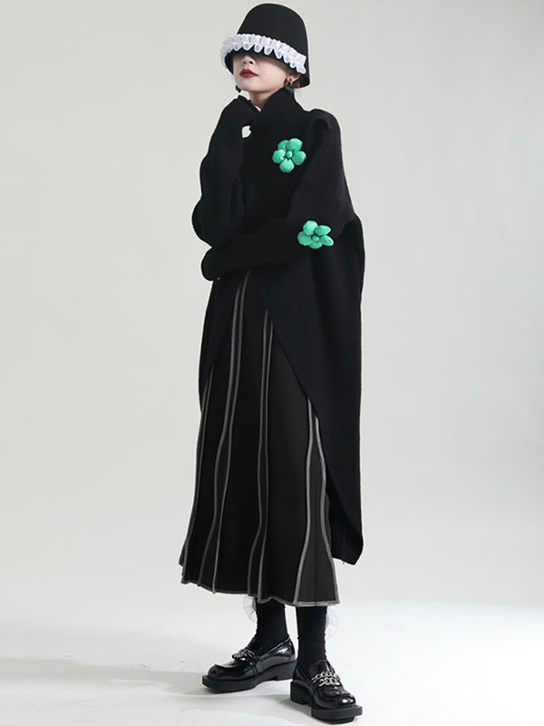 Original High-Low Asymmetric Knitting Dress High-Neck Sweater Dress