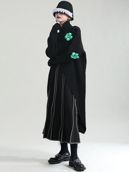 Original High-Low Asymmetric Knitting Dress High-Neck Sweater Dress