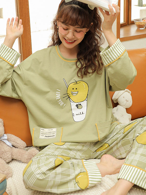 Comfortable Cartoon Printed Long Sleeve T-Shirt&Pants Pajama Set