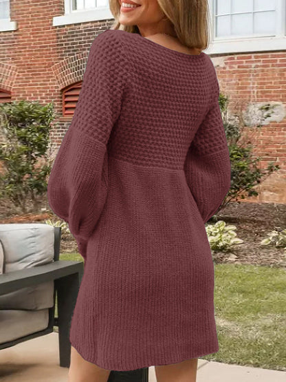 Long Sleeves Puff Sleeves Solid Color Split-Joint V-Neck Mini Dresses Sweater Dresses