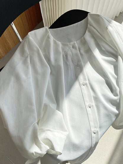 High-Low Loose Pleated See-Through Solid Color Split-Joint Round-Neck Blouses