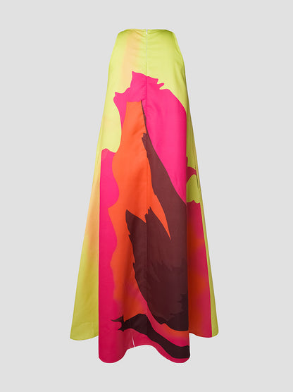 Loose Sleeveless Multi-Colored Printed Round-neck Maxi Dresses
