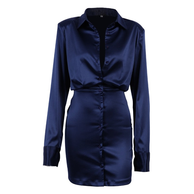 Solid Color Long Sleeve Shirt Wrap Hip Short Dress