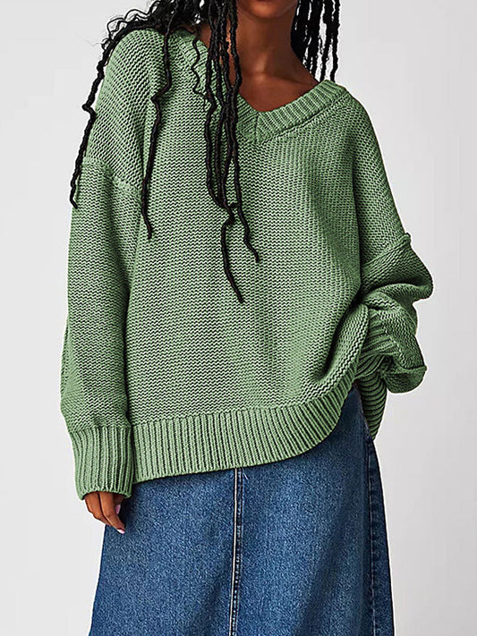 Long Sleeves Loose Solid Color Velvet V-Neck Pullovers Sweater Tops