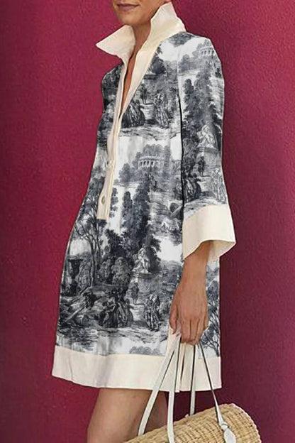 Women's Three-Quarter Sleeves Printed Lapel Shirt Dress