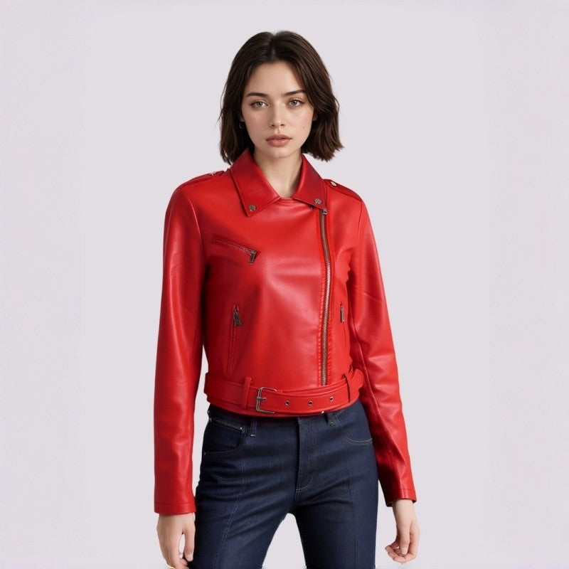 PU Retro Belted Biker Jacket Lapel Collar