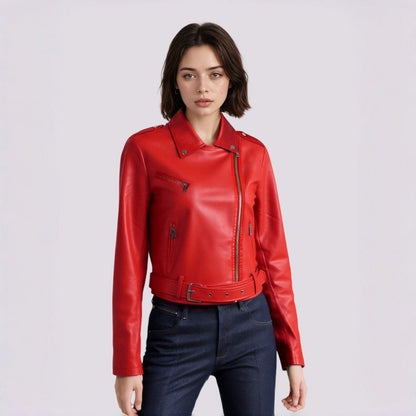 PU Retro Belted Biker Jacket Lapel Collar