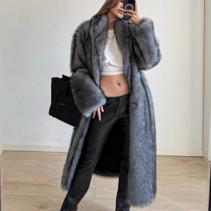 Long Fox Fur Collar Faux Fur Coat Women Fashion