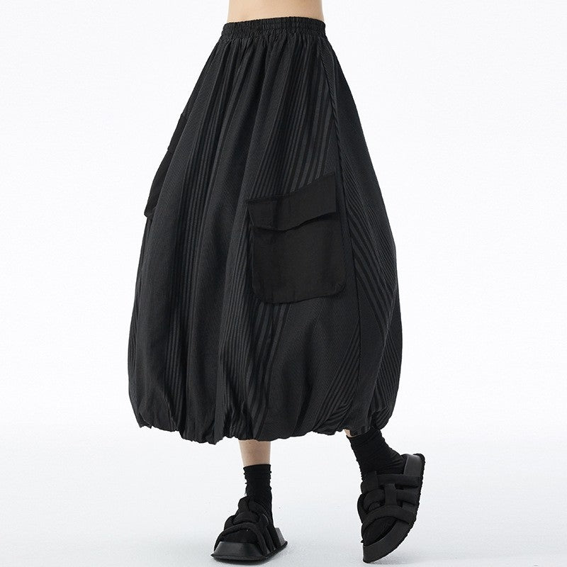 Paneled Pocket Striped Midi Skirt