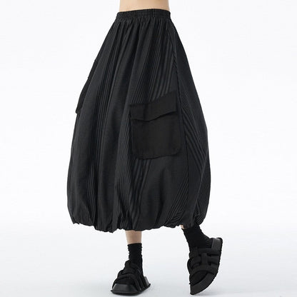 Paneled Pocket Striped Midi Skirt