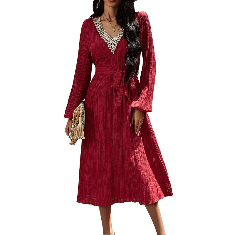 Long Sleeves V-Neck Waist Tied A-Line Midi Dress