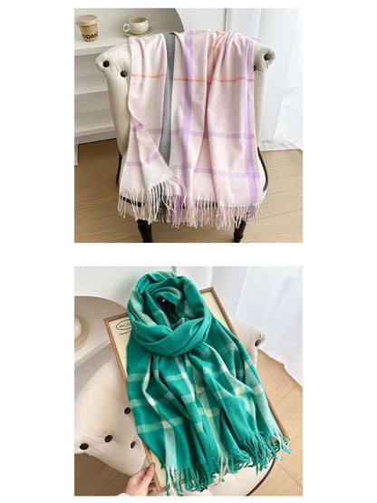 Scarvii - Reversible Color-Block Plaid Scarf with Fringe