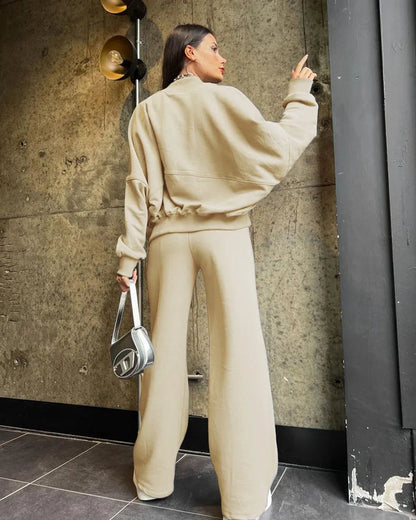 Zip Up Cardigan And Wide Leg Cotton Trousers Set