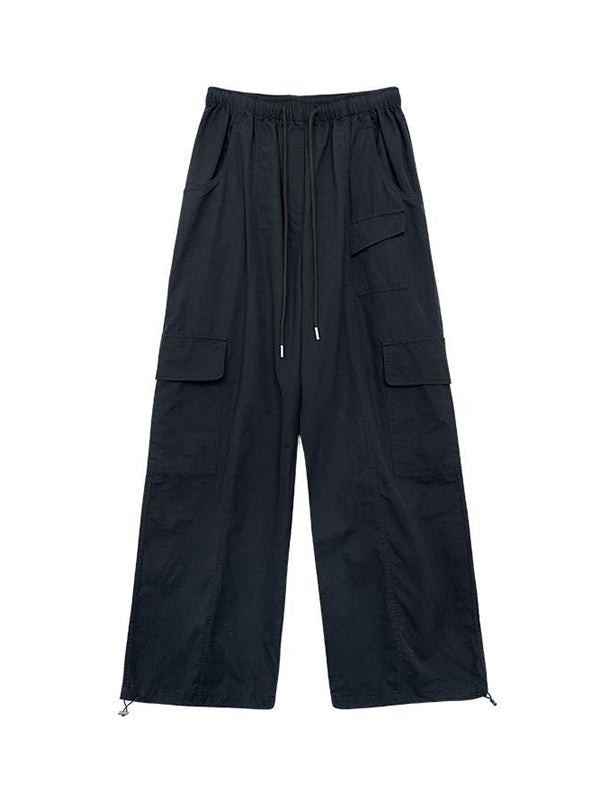 High Waisted Loose Drawstring Elasticity Pockets Solid Color Split-Joint Pants Trousers