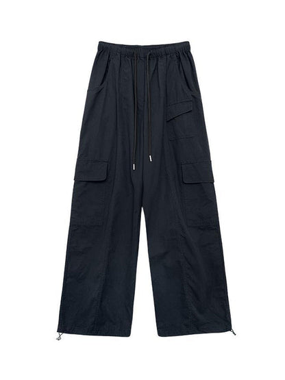 High Waisted Loose Drawstring Elasticity Pockets Solid Color Split-Joint Pants Trousers