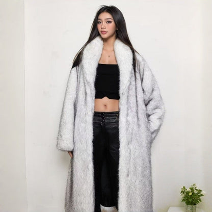 Long Fox Fur Collar Faux Fur Coat Women Fashion