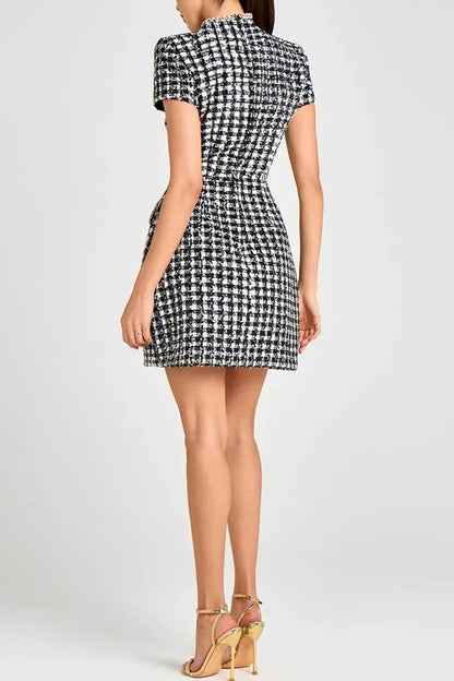 Eve Check Bouclé-tweed Fabric Pearl Trim Short Sleeve Pocketed Mini Dress