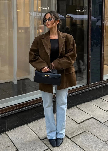 Brushed Velvet Suede Jacket Retro Lapel Style