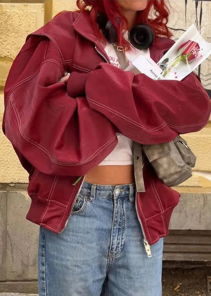 Oversized Zipper Jacket In Wine Red With White Stitching