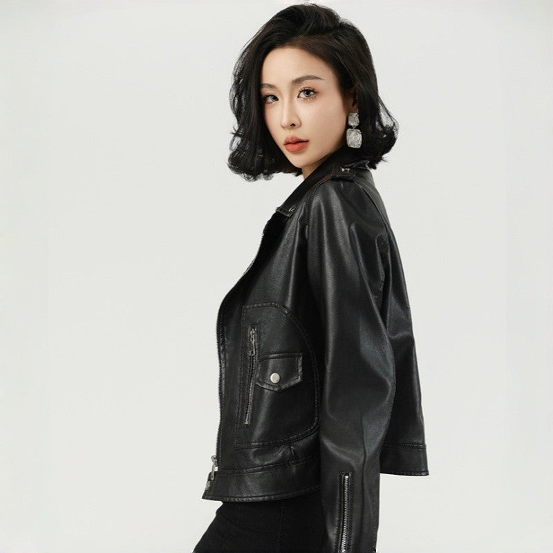 Short Biker Leather Jacket Lapel Collar