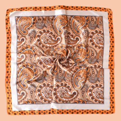 Scarvii - Vintage Paisley Silky Square Scarf - Orange/Blue