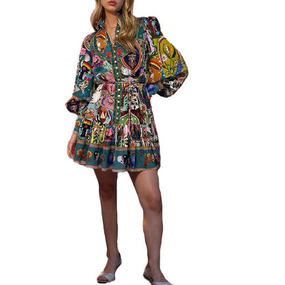 Floral Round Neck Cinched Waist Tie Ruffle Hem Dress