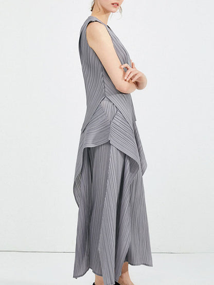 Irregular Clipping Loose Asymmetric Pleated Solid Color Split-Side Tiered Round-Neck Casual Pants Bottoms Two Pieces Set Vest Top