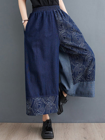 High Waisted Loose Asymmetric Elasticity Printed Split-Joint Jean Pants Bottoms