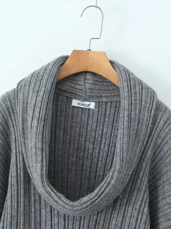 Long Sleeves Loose Pleated Solid Color Split-Joint Off-The-Shoulder Sweater