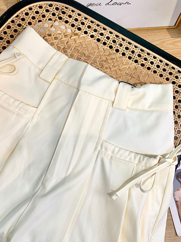 Loose Wide Leg Drawstring Pleated Solid Color Pants Trousers