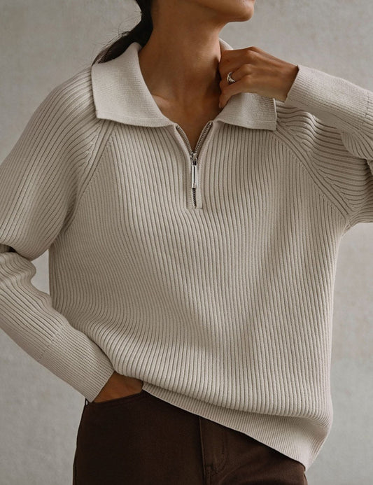 Solid Color Zipper Sweater Loose Knit Sweater