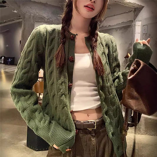 Vintage Cable Knit Cardigan Solid Color