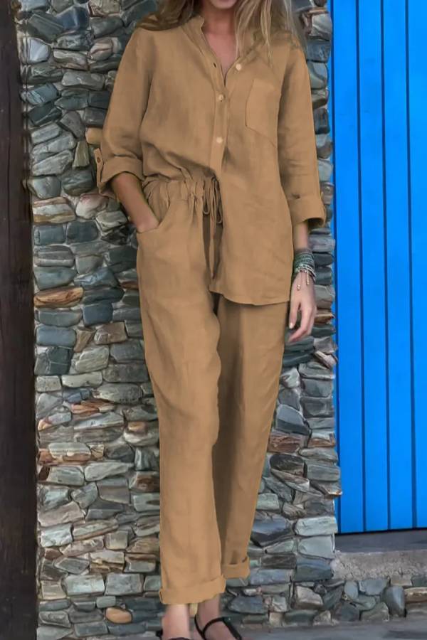 Casual Solid Color V-Neck Shirt \u0026 Pants Cotton Linen Two-Piece Set