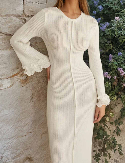 Elegant Solid Color Ruffled Trim Maxi Dress